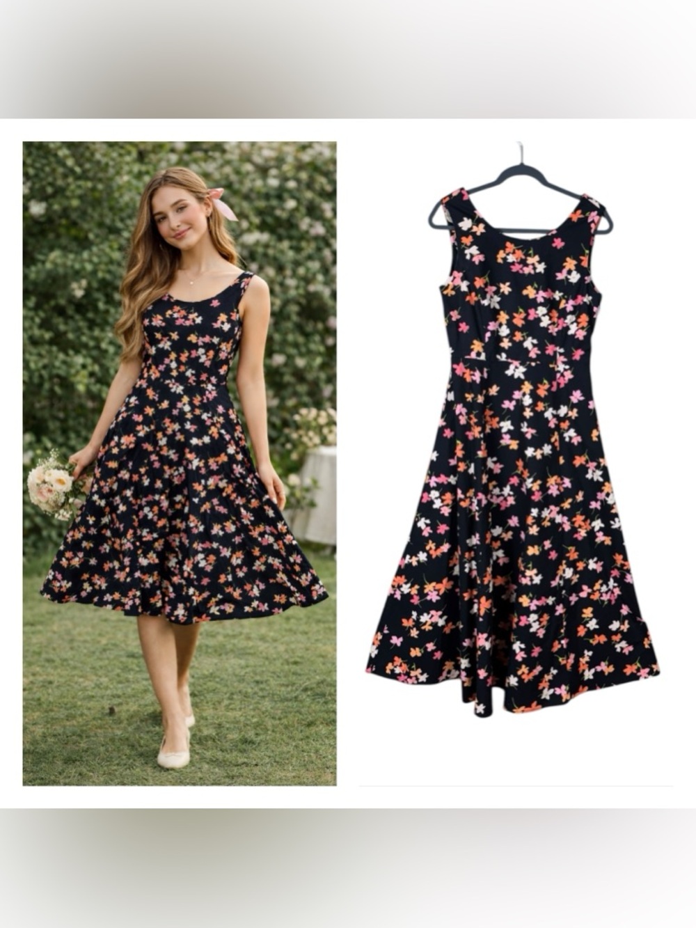 Chadwick's Womens Midi Dark Floral Dress Size 8 Garden Party Cottage 90s Spring